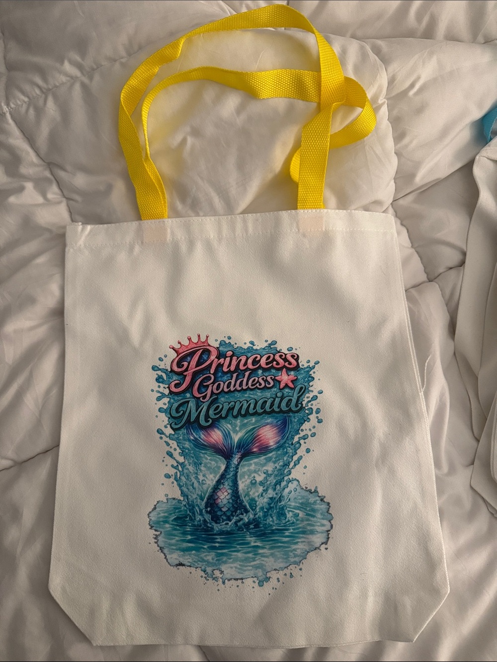 Princess Goddess Mermaid Tote Bag - White with Yellow Handles